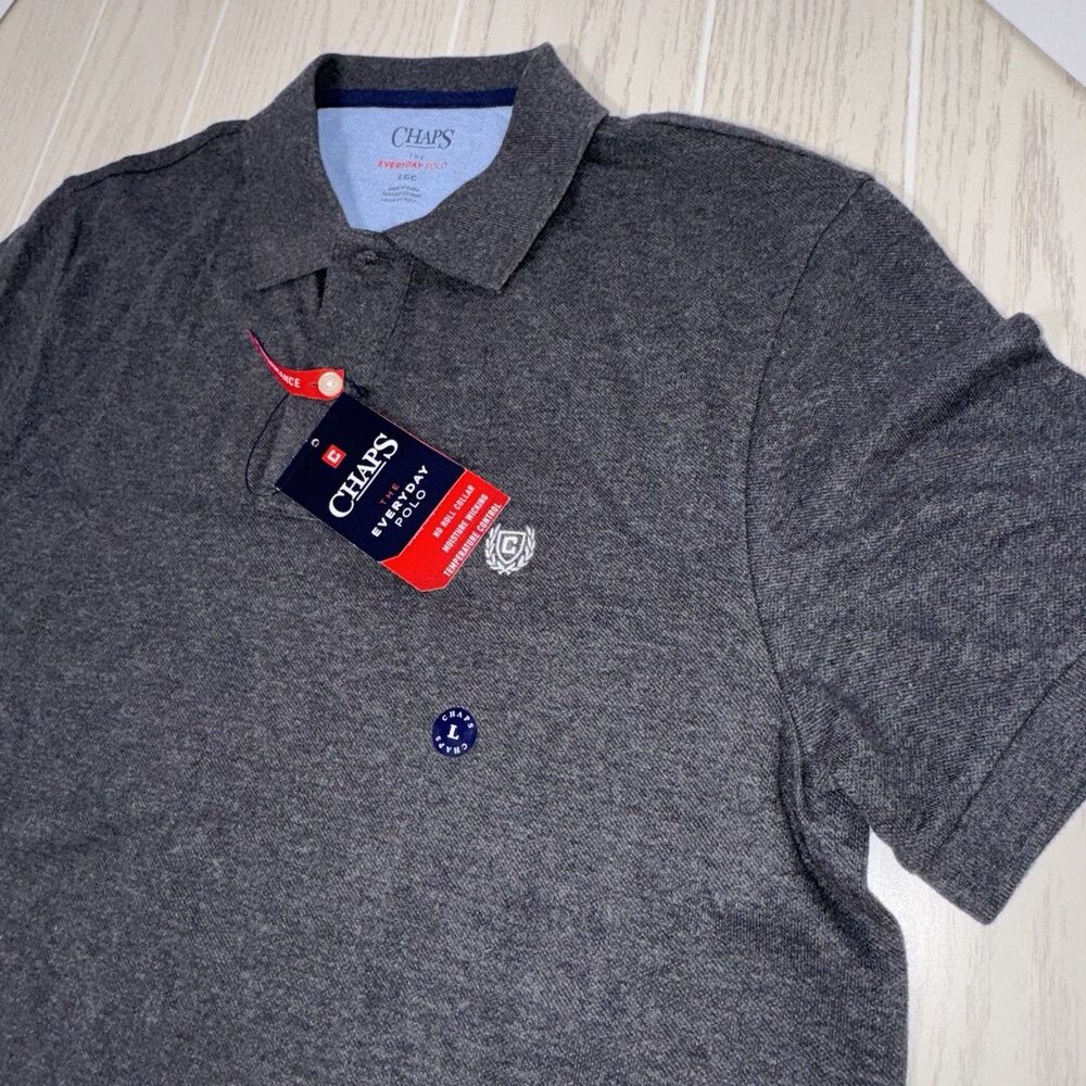 Chaps Everyday Polo Mens L Regular Cotton Gray Solid Moisture Wicking New W/Tag
